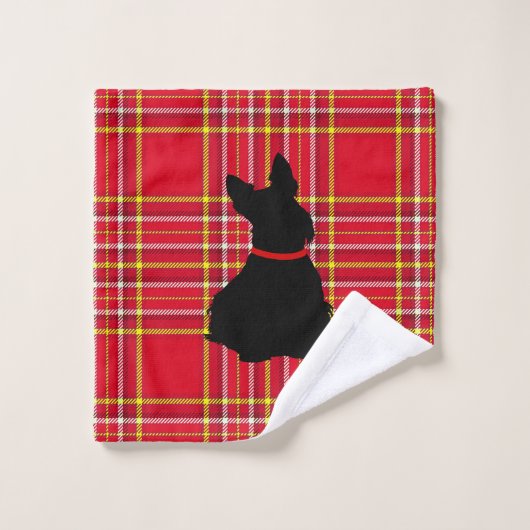 Terrier écossais/collier rouge/plaid rouge/frontiè (Gant de toilette)
