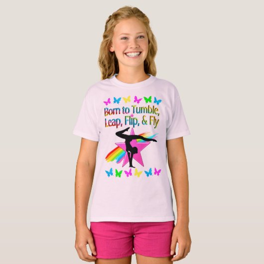 TERUG FLIPPING GYMNASTIEK MEISJE REGENBOOG ONTWERP T-SHIRT (Voorkant volledig)