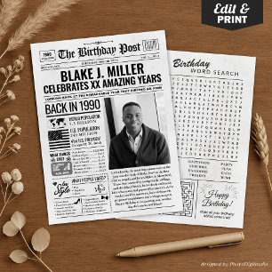 Terug in 1990 Verjaardagskrant met aangepaste foto Feestdagenkaart