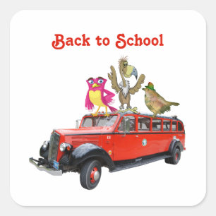Terug naar School Fun Ride Cartoon Birds Riding Bu Vierkante Sticker