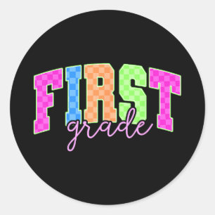 Terug naar school neon geruite eerste klas kleurri ronde sticker