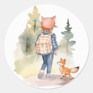 Terug naar school sticker meisje met rugzak vos