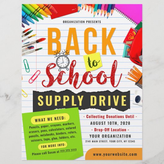 Terug naar School Supply Drive Fondsenwerving Flyer (Voorkant)