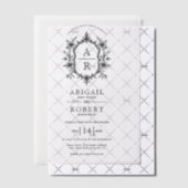 Terug, witte bloemenkam monogram bruiloft vellum uitnodigingen (Offset (Uitnodiging))