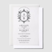 Terug, witte bloemenkam monogram bruiloft vellum uitnodigingen (Offset)