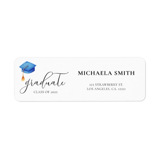 Teruggaveadres Blue Modern Script Afstuderen Etiket (Voorkant)