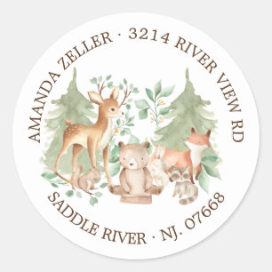 Terugkeeradreslabel van Woodland Forest Baby showe Ronde Sticker