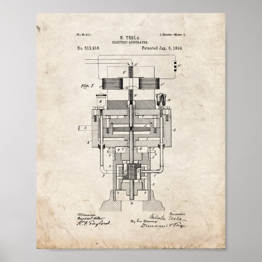Tesla Electric Generator Patent - Oude look Poster (Voorkant)
