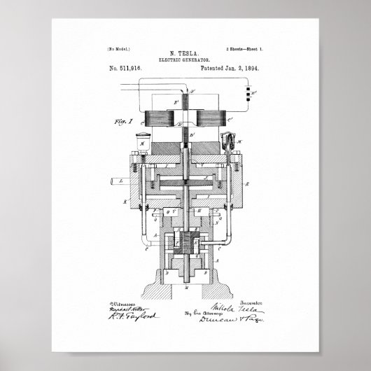 Tesla Electric Generator Patent Poster (Voorkant)