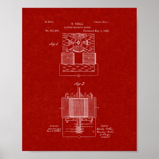 Tesla ElectroMagnetic Motor Patent - Burgundy Red Poster (Voorkant)