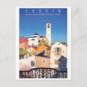 Tessin, Zwitserland, uitzicht op een stad, vintage Briefkaart