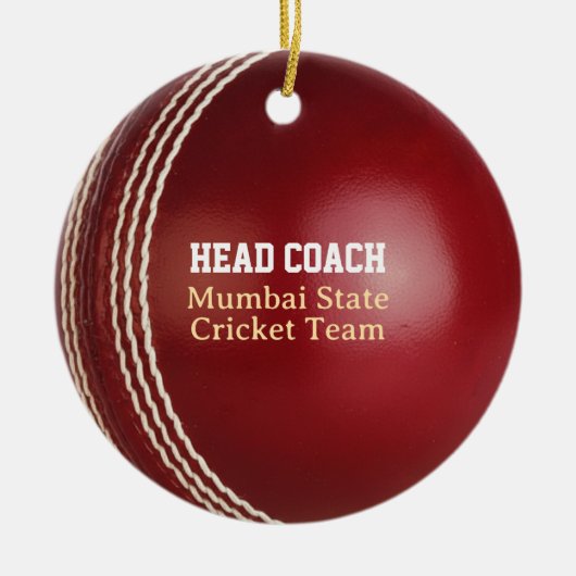Test Match Red Cricket Ball met aangepaste tekst Keramisch Ornament (Voorkant)