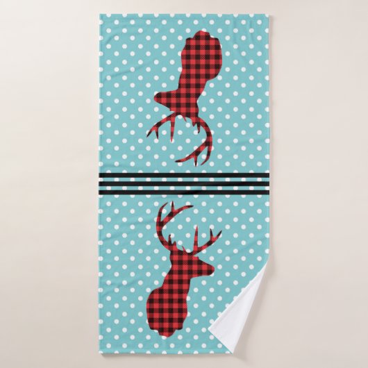 Tête de cerf avec Antlers - Rouge rustique Plaid (Serviette de bain)