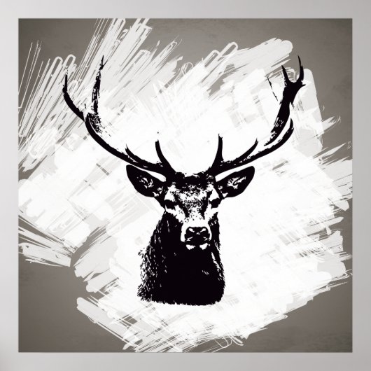 Tête de cerf noir en blanc | Poster (Devant)