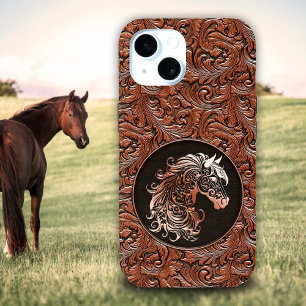 Tête de cheval en cuir brun floralement travaillée