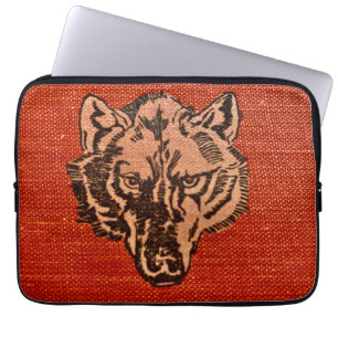 Tête de loup sur sac électronique rouge