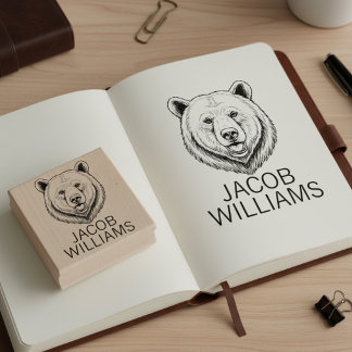Tête d'ours gravée avec nom complet tampon en bois