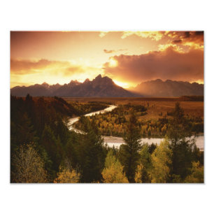Teton Range bij zonsondergang, vanuit Snake River Foto Afdruk