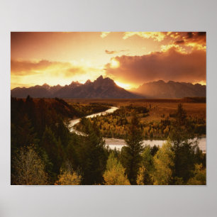 Teton Range bij zonsondergang, vanuit Snake River Poster