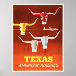 TEXAS AMERICA Austin Longhorns  Airlines Poster