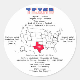 Texas American staat op een kaart en nuttige infor Ronde Sticker