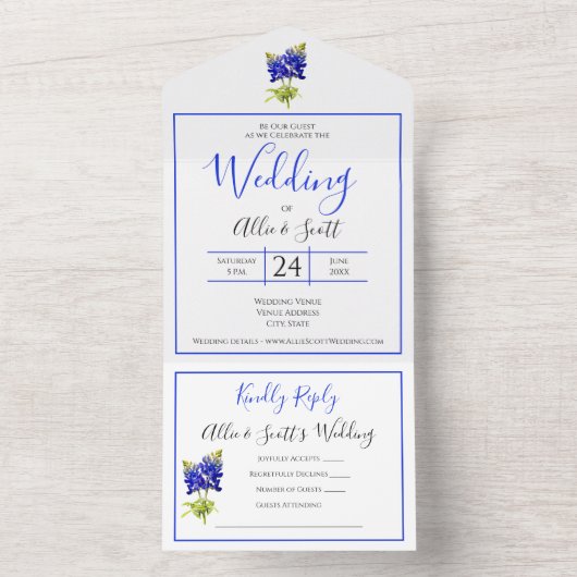 Texas Bluebonnet Flowers, Modern Wedding All In One Uitnodiging (Binnen)