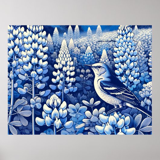 Texas Bluebonnets en Northern Mockingbird Texan Poster (Voorkant)