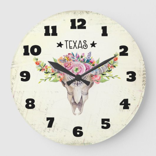 Texas Boho Koe schedel met bloemen chic Trendy Grote Klok (Voorkant)