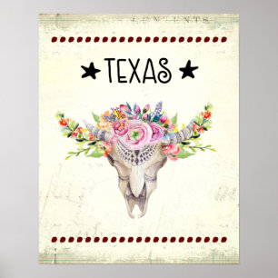 Texas Boho Koe schedel met bloemen chic Trendy Poster