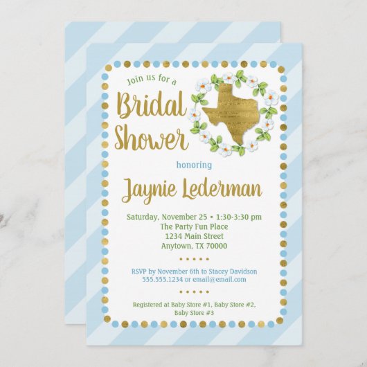 Texas Bridal Shower Invitation Blue Gold Kaart (Voorkant / Achterkant)