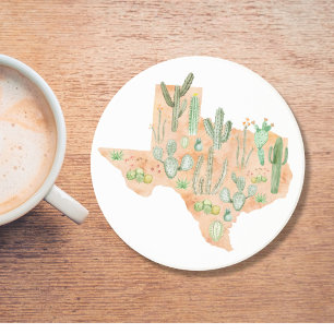 Texas Cactus Waterverf Illustratie Kaart Reizen Zandsteen Onderzetter