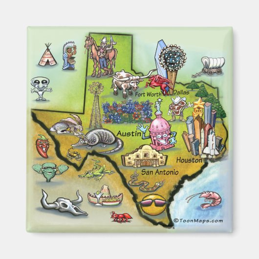 Texas Cartoon Map Magneet (Voorkant)