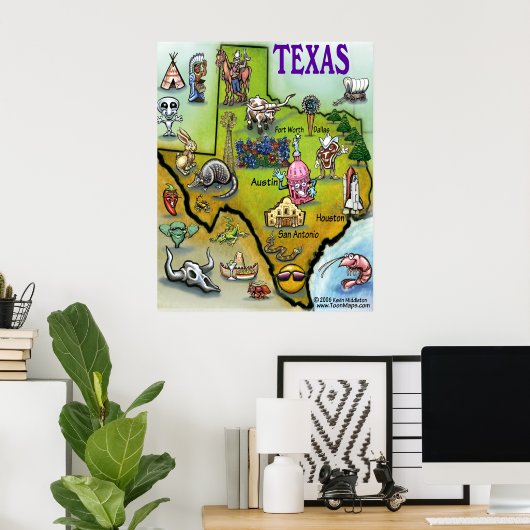 Texas Cartoon Map Poster (Thuiskantoor)