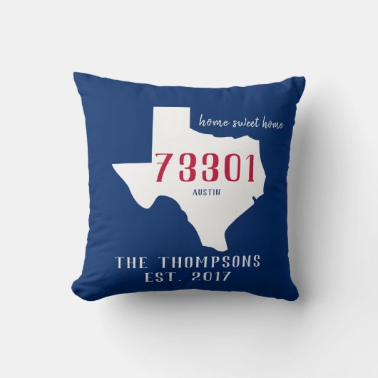 Texas Custom Town Zip Code Home Pillow Blue Red Kussen (Voorkant)