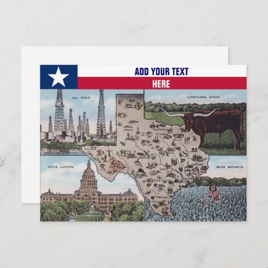 Texas Greetings briefkaart - State Map & Uitzichte (Voorkant / Achterkant)