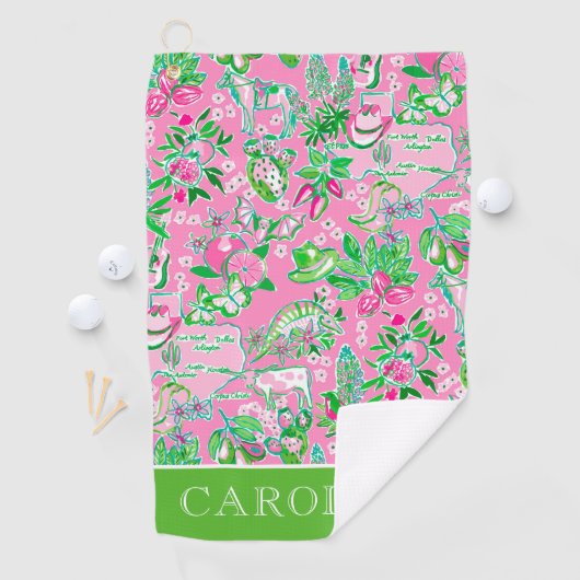 Texas Kaart Roze & Groen Preppy Patroon Gepersonal Golfhanddoek (Insitu)
