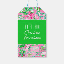Texas Kaart Roze & Groene Preppy Patroon Cadeaulabel