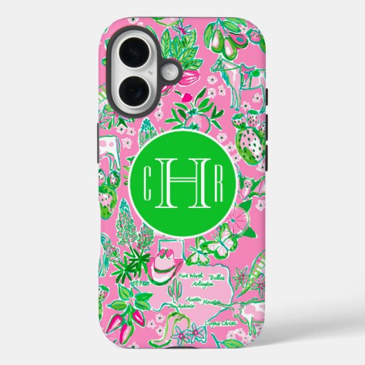 Texas Kaart Roze & Groene Preppy Patroon Monogramm Case-Mate iPhone Case (Achterkant)