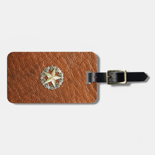 Texas Lone Star Concho op bruin leder Bagagelabel (Voorkant horizontaal)
