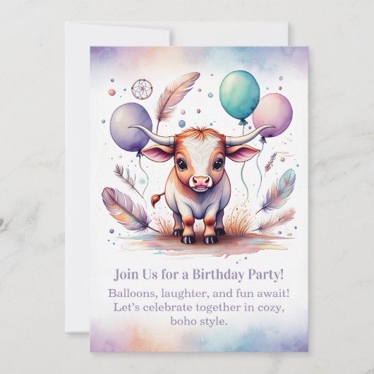 Texas Long Calf Birthday Invitation Pastel Boho  (Devant)
