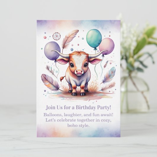 Texas Long Calf Birthday Invitation Pastel Boho  (Debout devant)