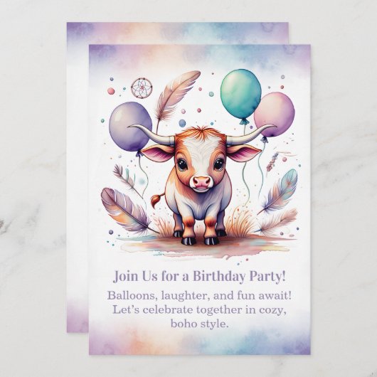 Texas Long Calf Birthday Invitation Pastel Boho  (Devant / Derrière)