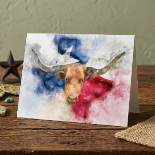 Texas Longhorn Aquarel met Vlag Kaart Kunst