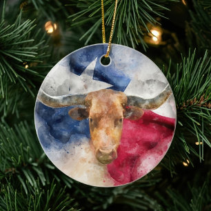 Texas Longhorn Aquarel met Vlag Kaart Kunst Keramisch Ornament