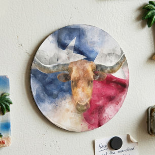 Texas Longhorn Aquarel met Vlag Kaart Kunst Magneet