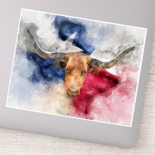 Texas Longhorn Aquarel met Vlag Kaart Kunst Sticker