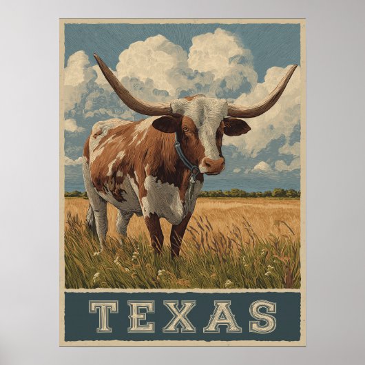 Texas Longhorn Bull Retro Reizen Poster (Voorkant)