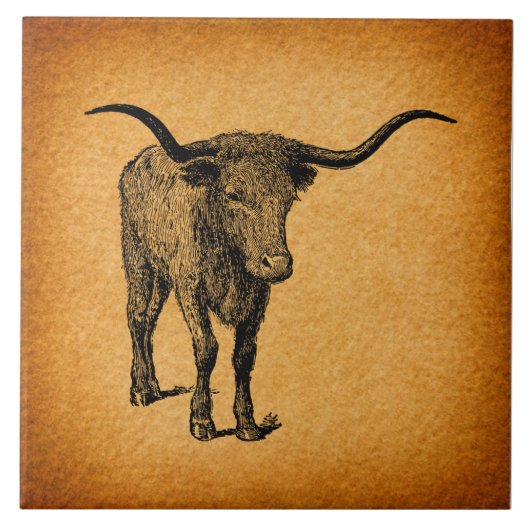 Texas Longhorn Bull Rustic Westerne Kunst Tegeltje (Voorkant)