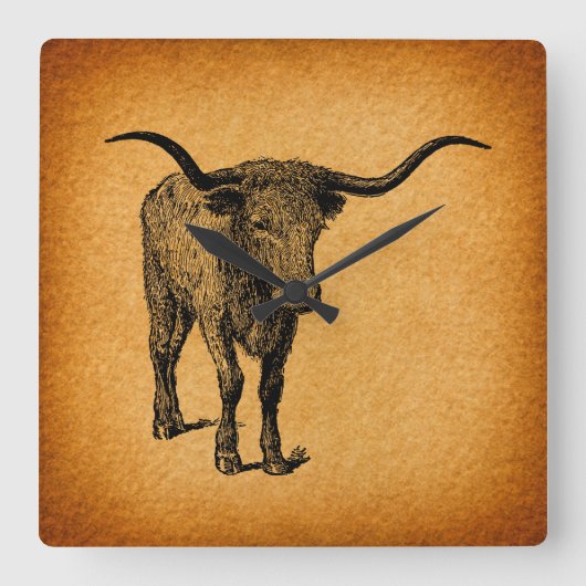 Texas Longhorn Bull Rustic Westerne Kunst Vierkante Klok (Voorkant)