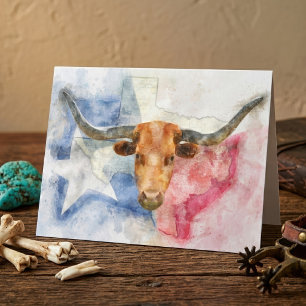 Texas Longhorn Koe en Vlag Aquarelprint Kunst Bedankkaart